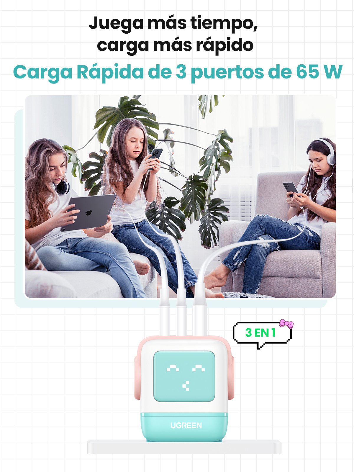 EAN 6941876238552 - Ugreen Uno RG 65W 3-Port GaN Fast Charger pink blue Ordenador portátil, Teléfono móvil, Portátil, Tableta imagen 3