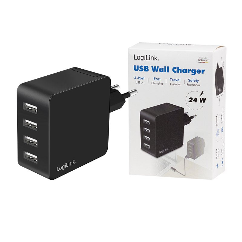 Logilink Usb-A Charger, 24 W, 4-Port, 4x Usb-A, Negro