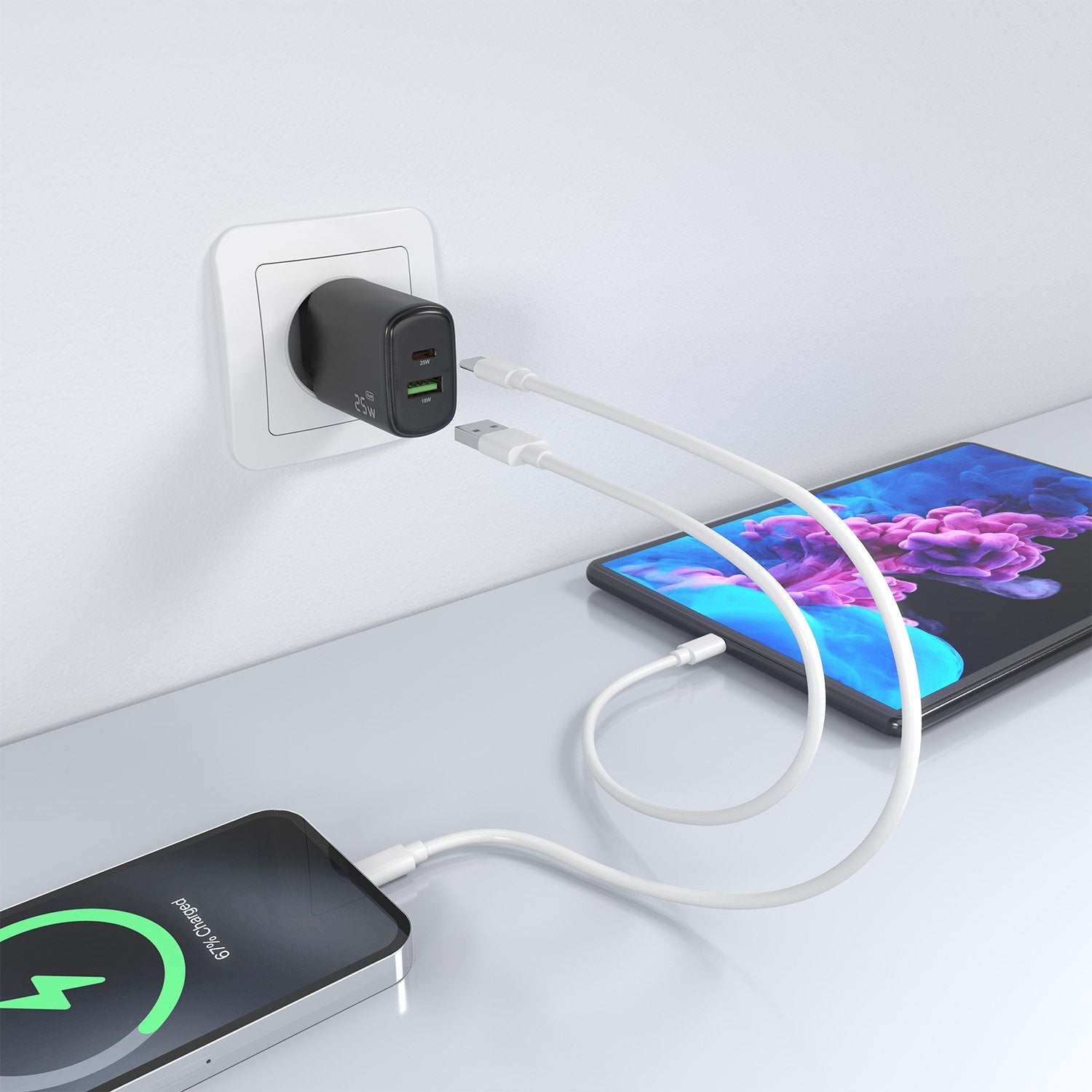 Aisens Cargador 25w, 1xusb-C Pd3.0, 1xusb-A Qc3.0, Negro