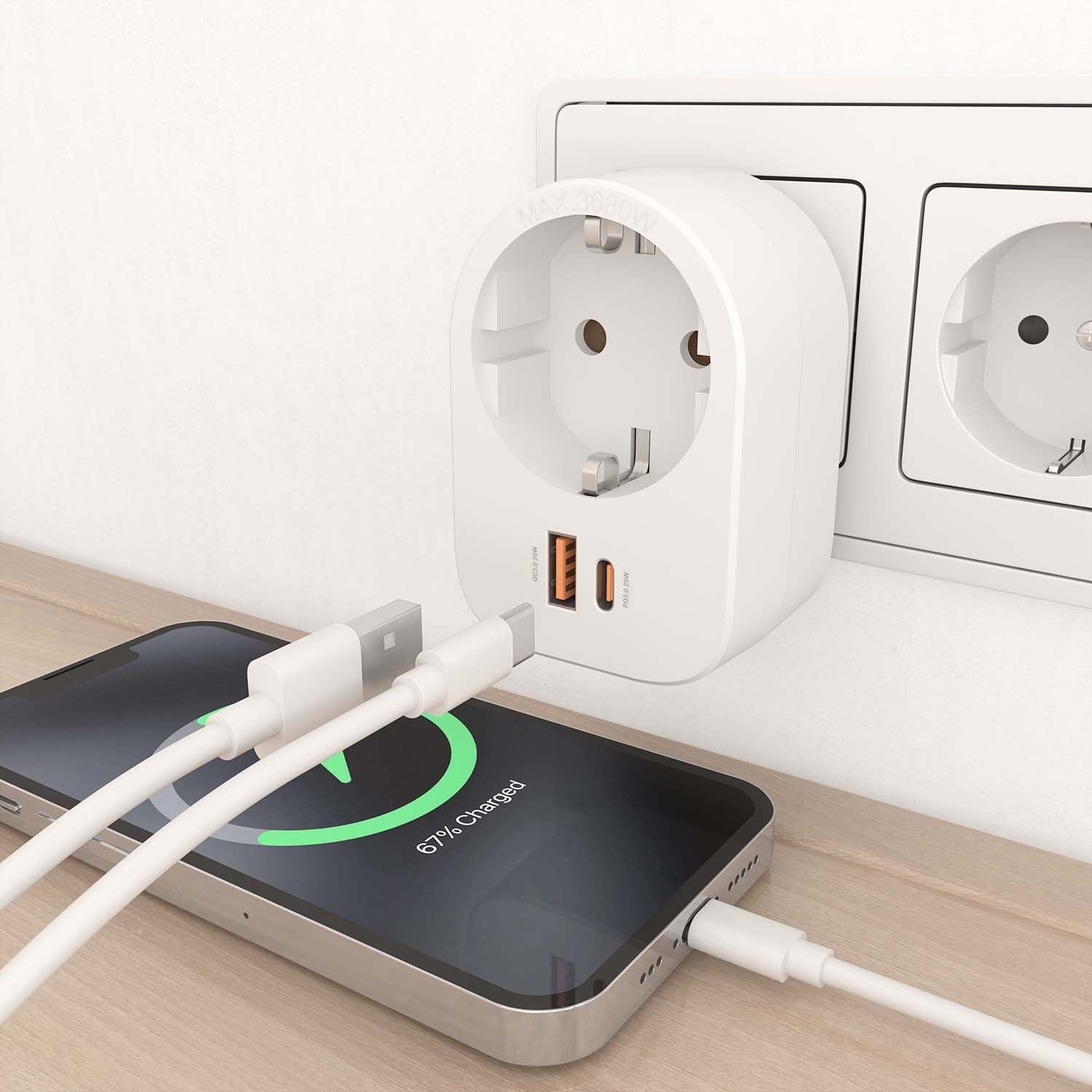 Aisens Regleta De Pared Multifuncion Con 1 Toma + 1xusb-C 20w Pd3.0, 1xusb-A 20w Qc3.0, Blanco