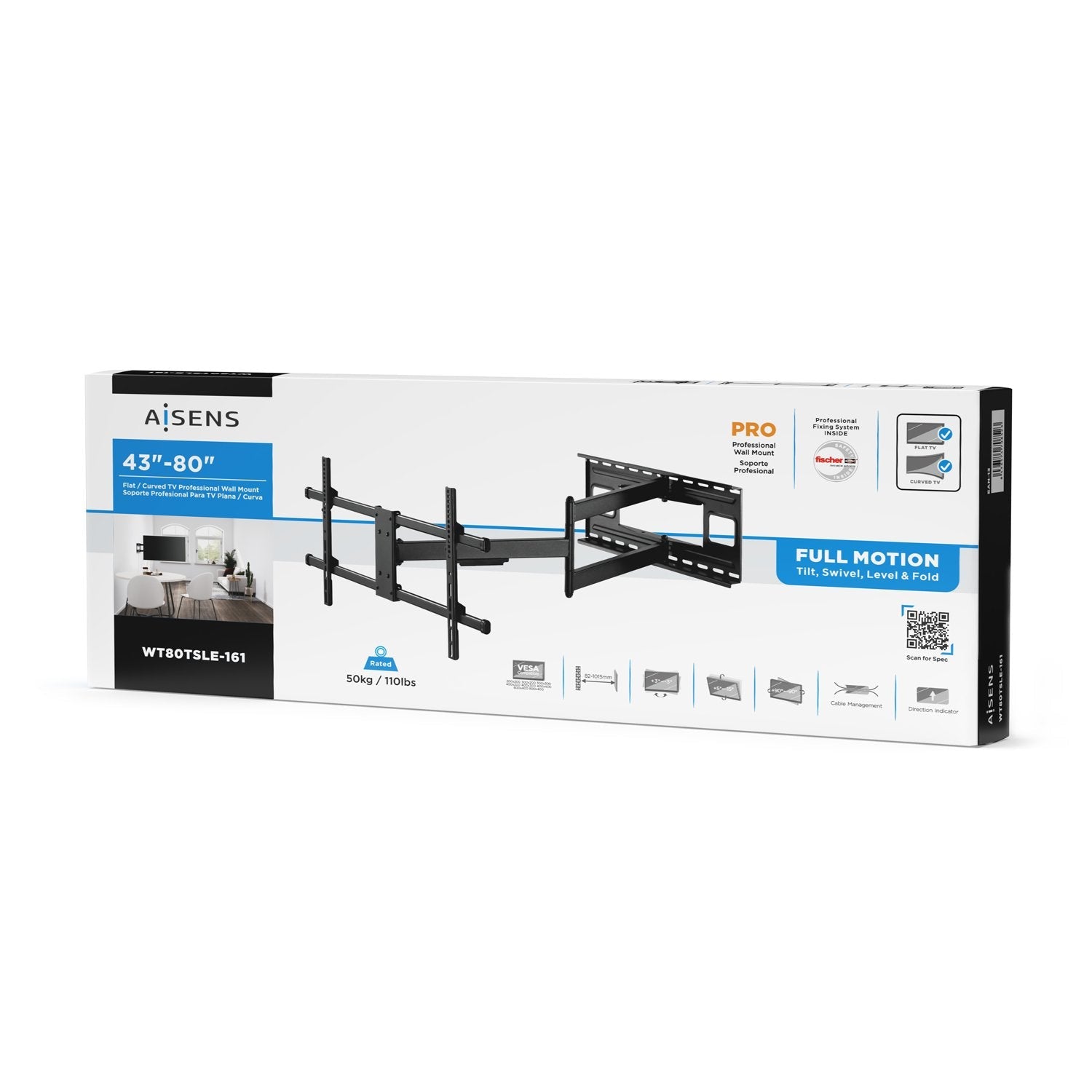 Aisens Soporte Pro Giratorio, Inclinable Y Nivelable Para Monitor/Tv 50kg De 43-80, Negro