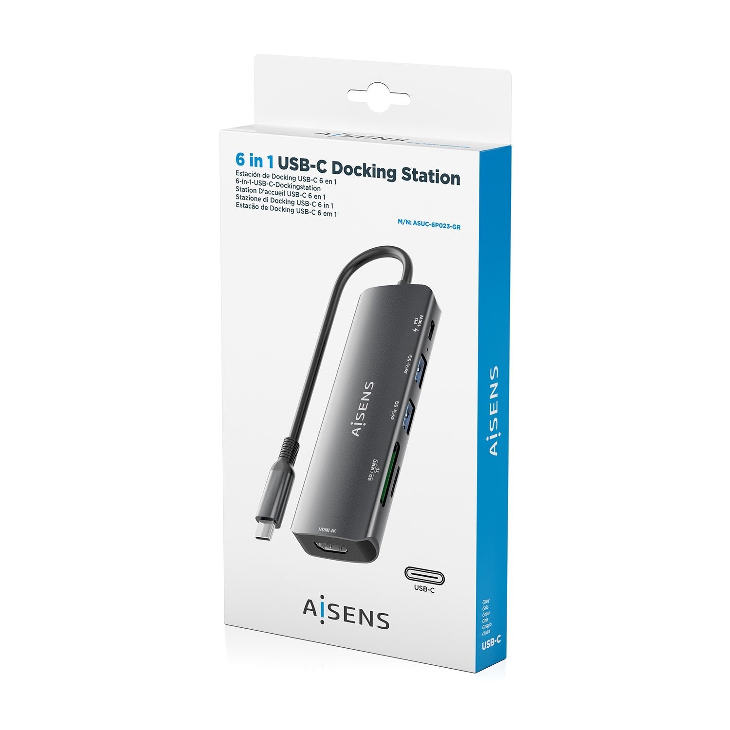 Aisens Usb-C Dock 6 En 1, Usb-C A 1xhdmi, 2xusb-A, 1xusb-C Pd 100w, 1xsd, 1xmicro Sd, Gris, 15cm