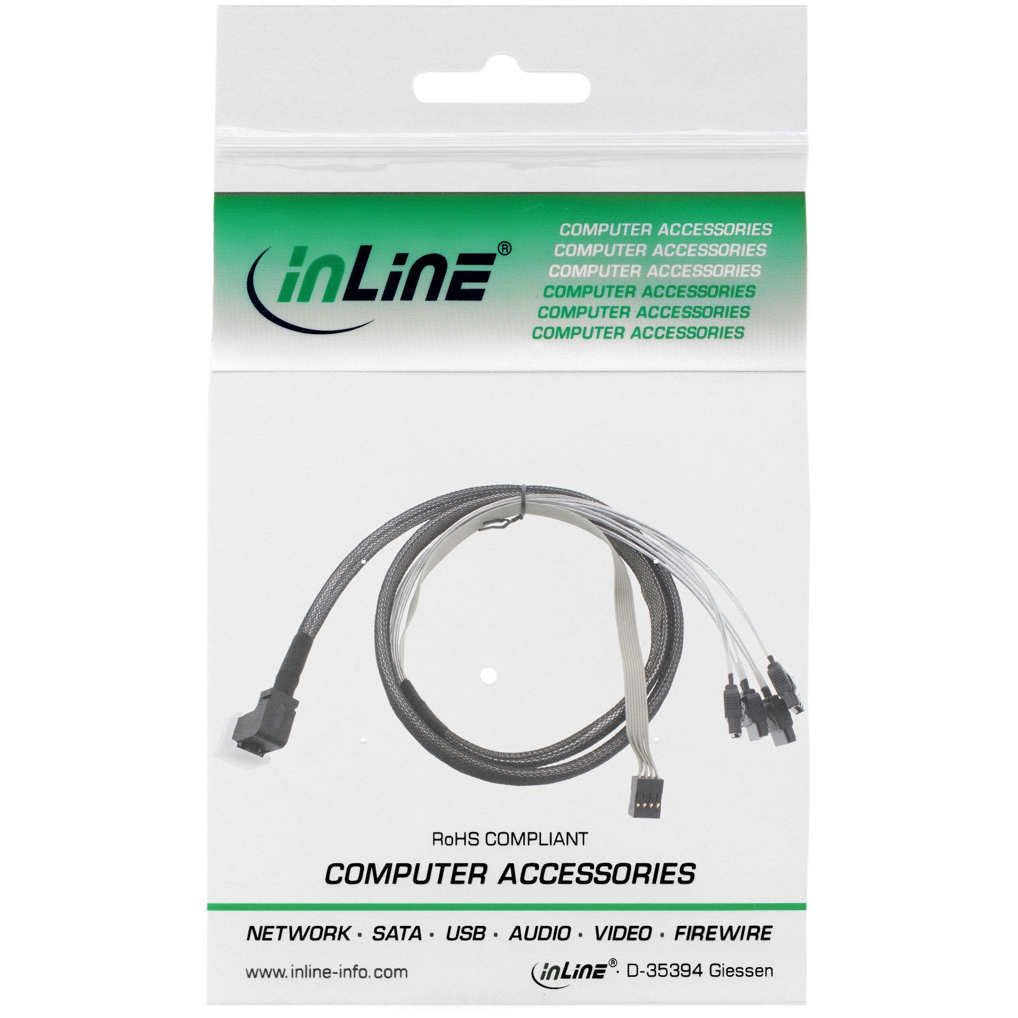 Cable Inline Mini Sas Hd Sff-8643 En Ángulo A 4x Sata + Banda Lateral De 0,5 M