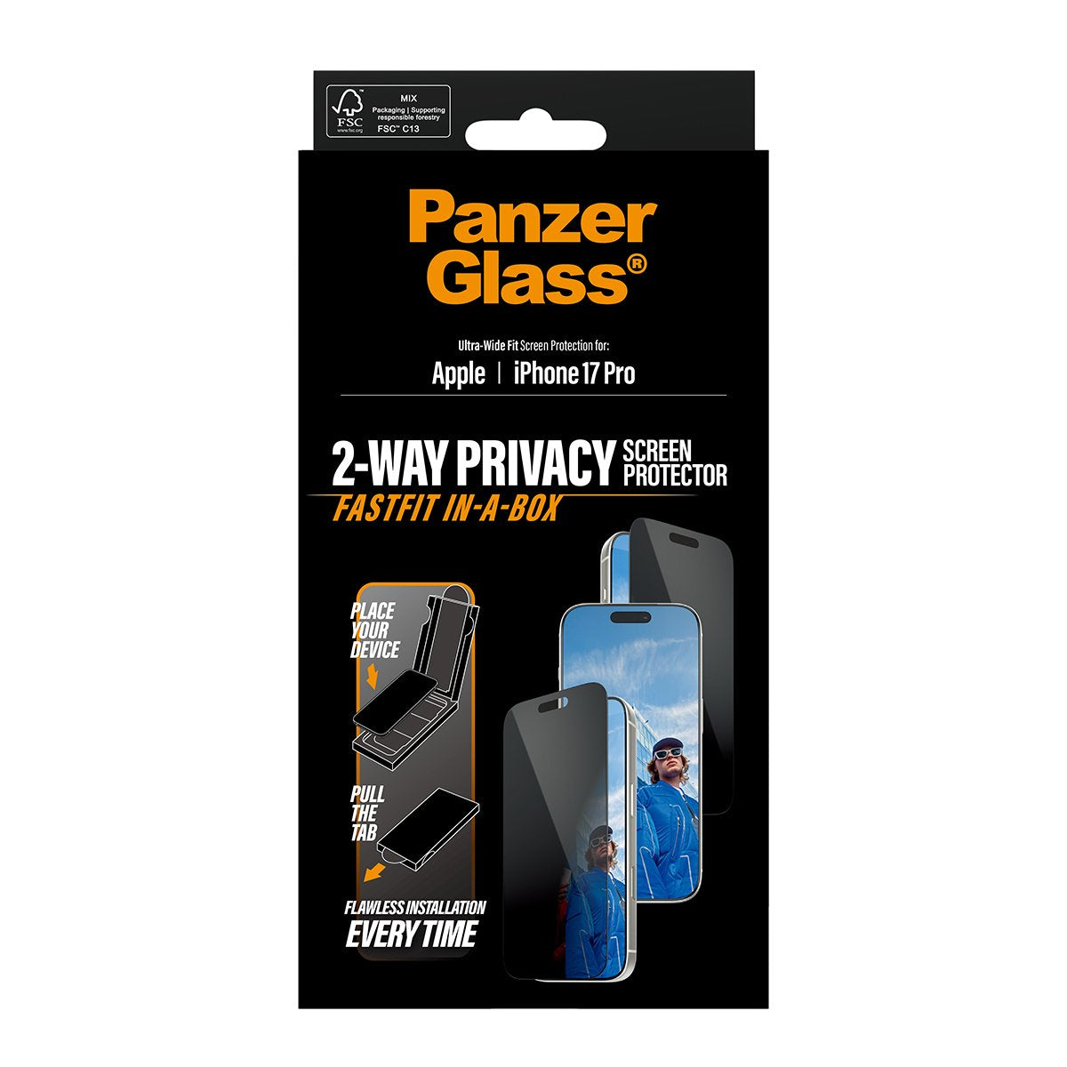 EAN 5715685030536 - PanzerGlass ® Privacy Screen Protector w. Black Frame iPhone 17 Pro | Ultra-Wide Fit w. Fastfit in-a-box  imagen 3