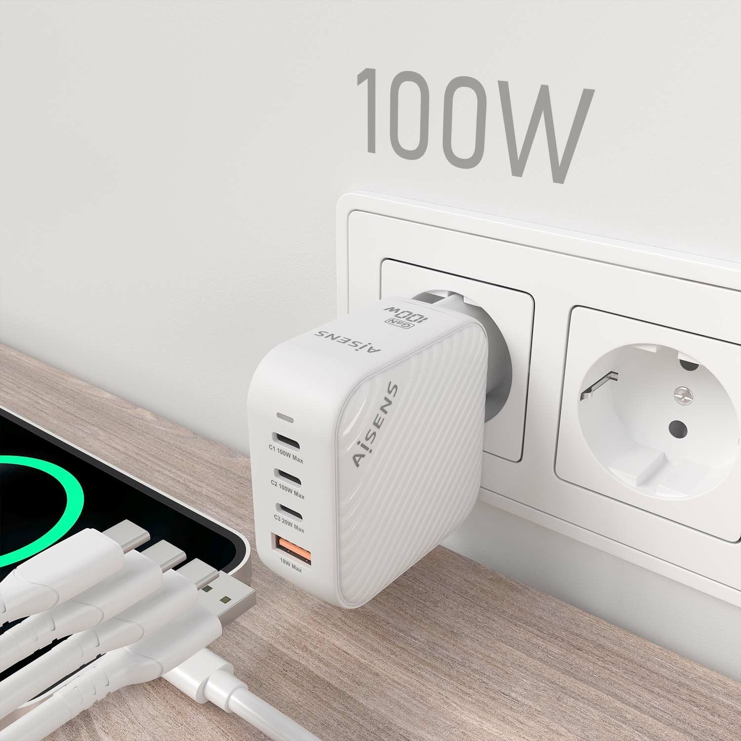 Aisens Cargador Gan 100w, 3xusb-C Pd3.0 Qc4.0, 1xusb-A Qc3.0, Blanco
