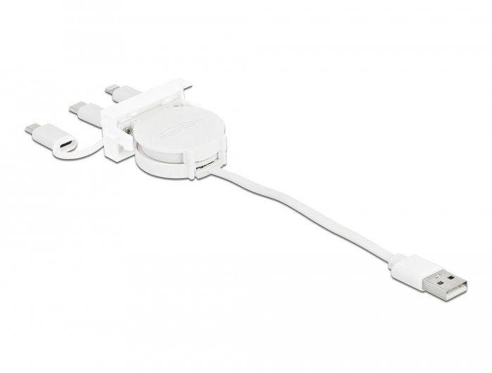 Delock Easy 45 Modul Usb 2.0 3 In 1 Aufrollcable Usb Typ-A Zu Usb-C, Micro Usb Und Lightning Weiss