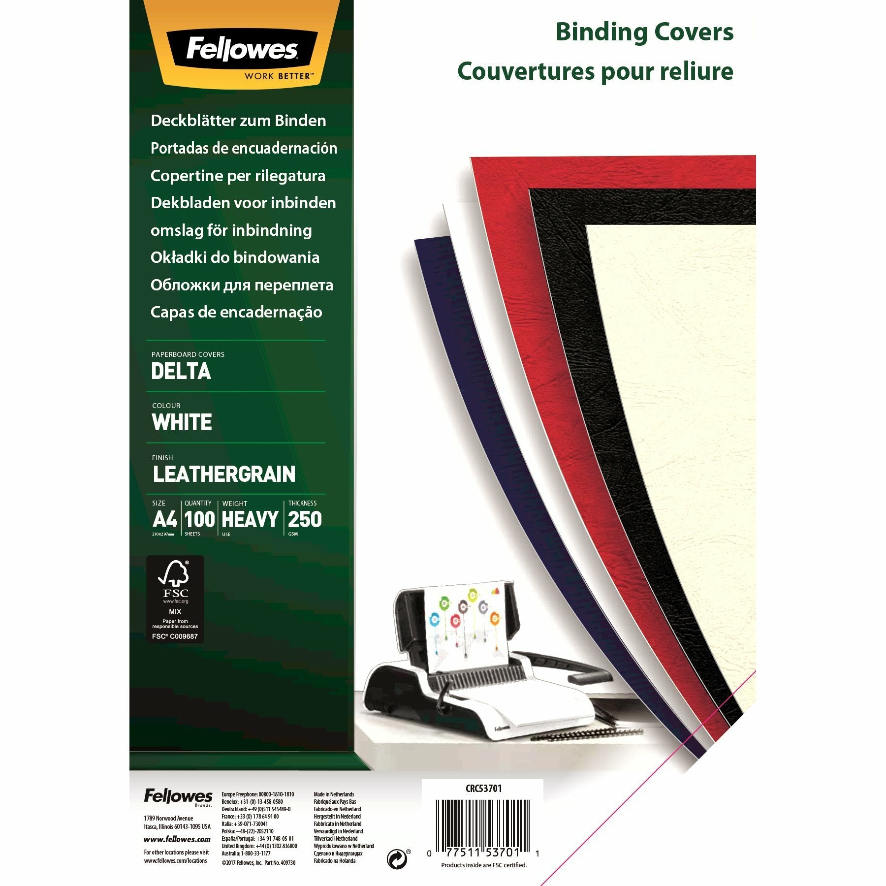 Fellowes Pack De 100 Portadas De Carton Simil Piel Delta Cuero A4 - 250 Gr - Color Blanco