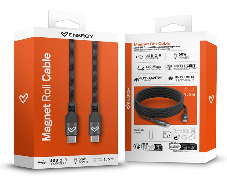Energy Sistem Magnet Roll Cable Usb-C 2.0 - Hasta 60w Y 480mbps - Compatible Con Powerdelivery - Recubierto Con Pvc Y