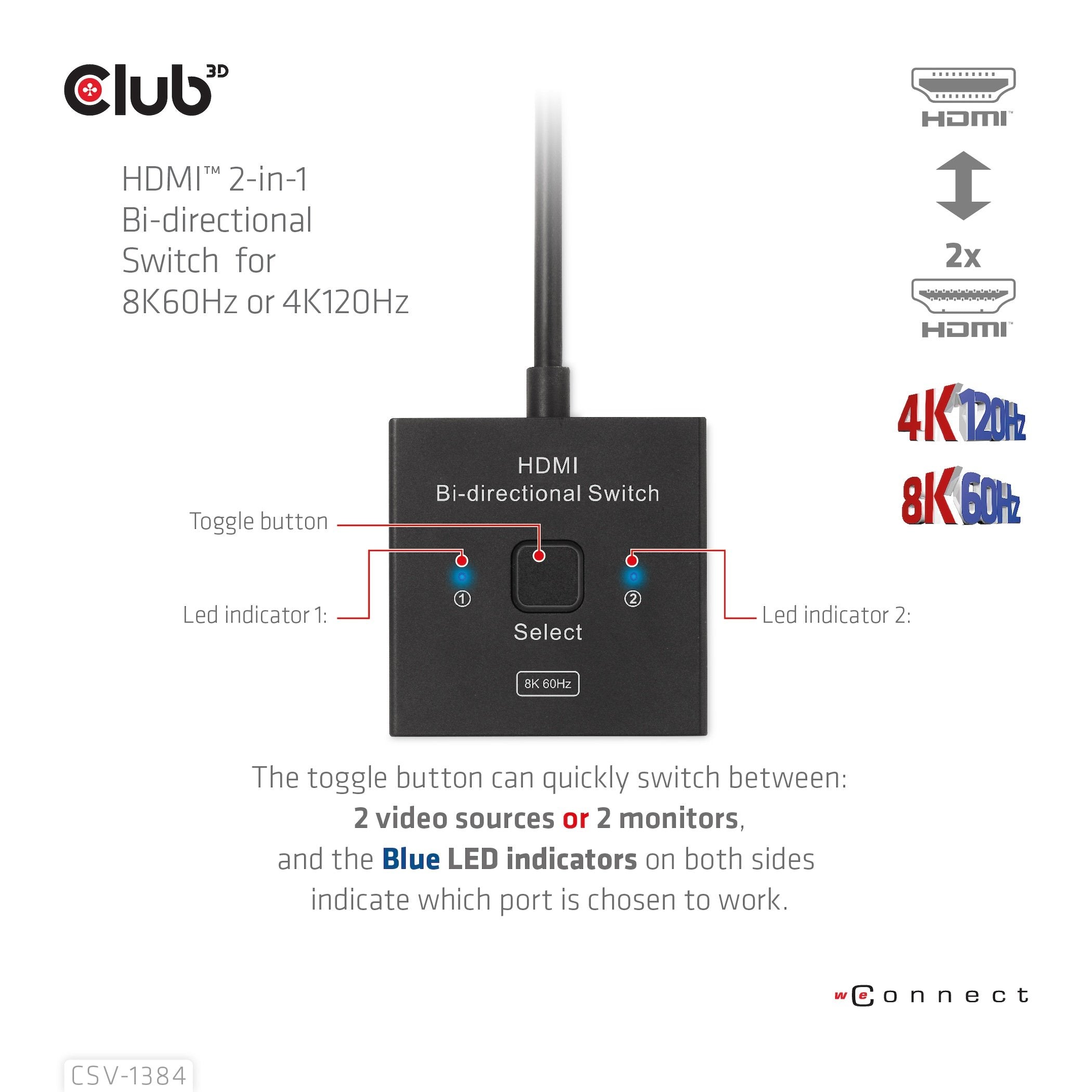 Club3d Hdmi Switch 2-In-1 Bidirektional 8k60hz 4k120hz Uhd Retail