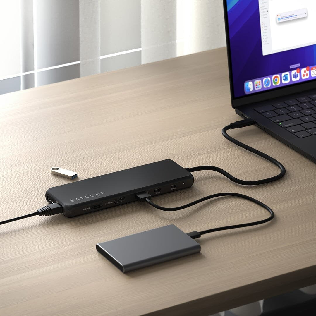 Satechi 13w1 Usb-C Triple Display Multiport Adapter  1x Ethernet 1 Gbps  3x Usb-A  1x Usb-A  2x Usb-A  2x Usb-C 85w Pd, 2x Hdmi 2.0 4k@60hz  Dp 1.4 8k@60hz  3.5mm Audio