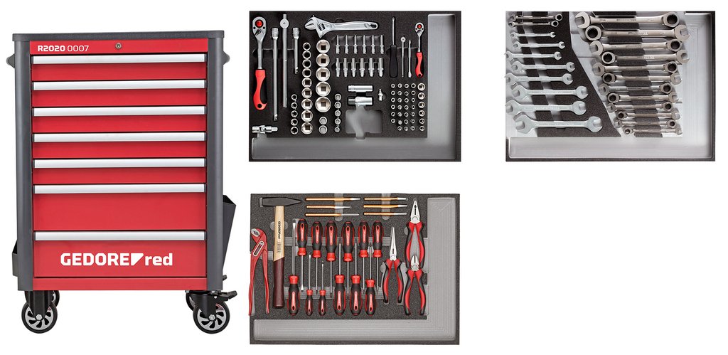 Carro De Herramientas Gedore  Rojo Wingman Rojo, Incluye 129 Herramientas 3301694