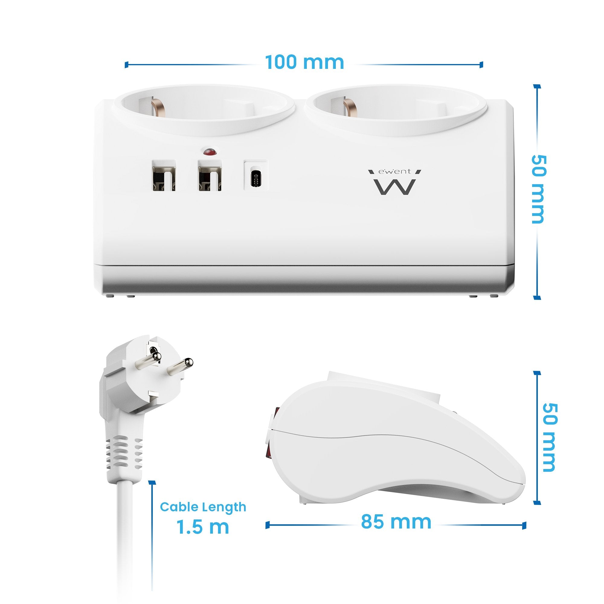 Regleta Ewent 2 Tomas Shucko 2 Puertos Usb Tipo A 1 Puerto Usb Tipo C Interruptor Blanco