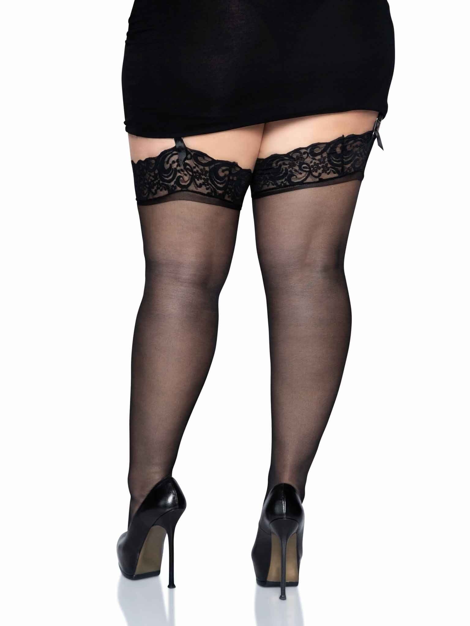 Leg Avenue - Outlet - Medias De Nylon Negras Con Encaje Superior Plus
