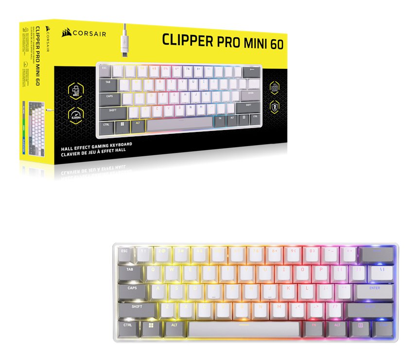 Corsair Clipper Pro Mini 60 Hall Effect Gaming Keyboard, Backlit Rgb Led, Corsair Mgx Core, Blanco , Pbt Ds Keycaps