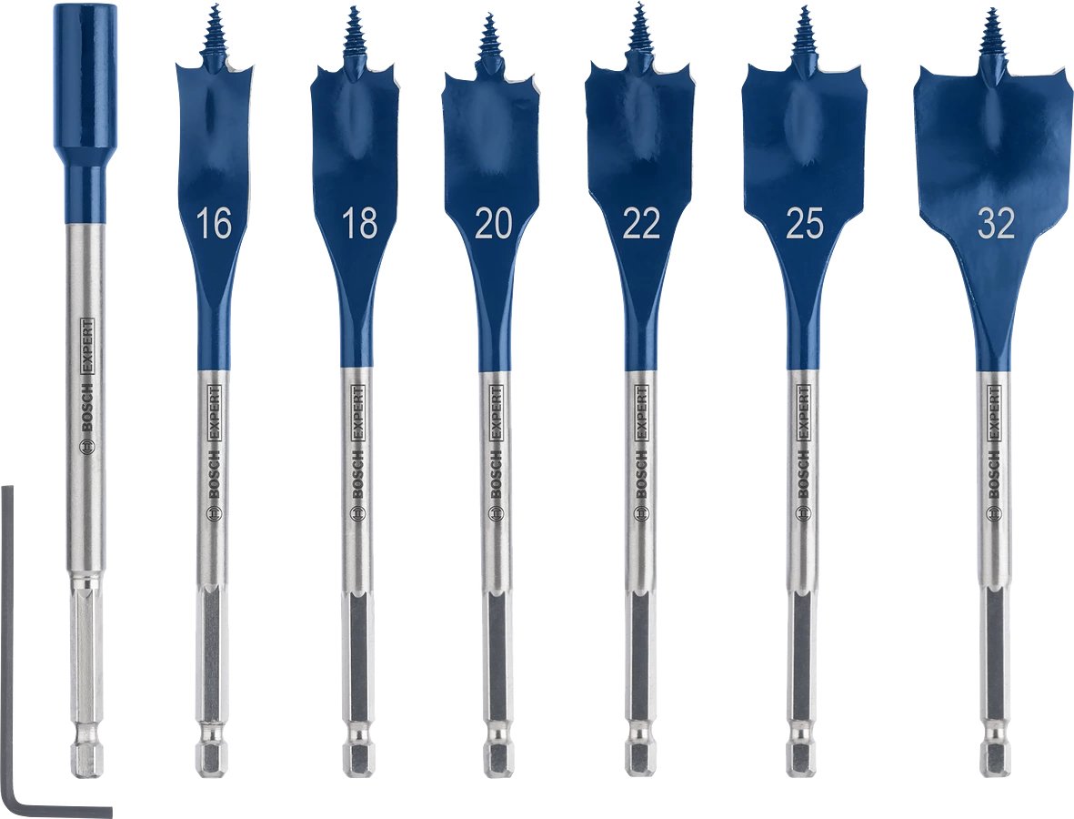 Juego De Brocas De Fresado Plano Bosch Expert Self Cut Speed, 7 Piezas, Ø 16 - 32 Mm (Longitud 152 Mm, Incl. 1 Extensión)  2608900334