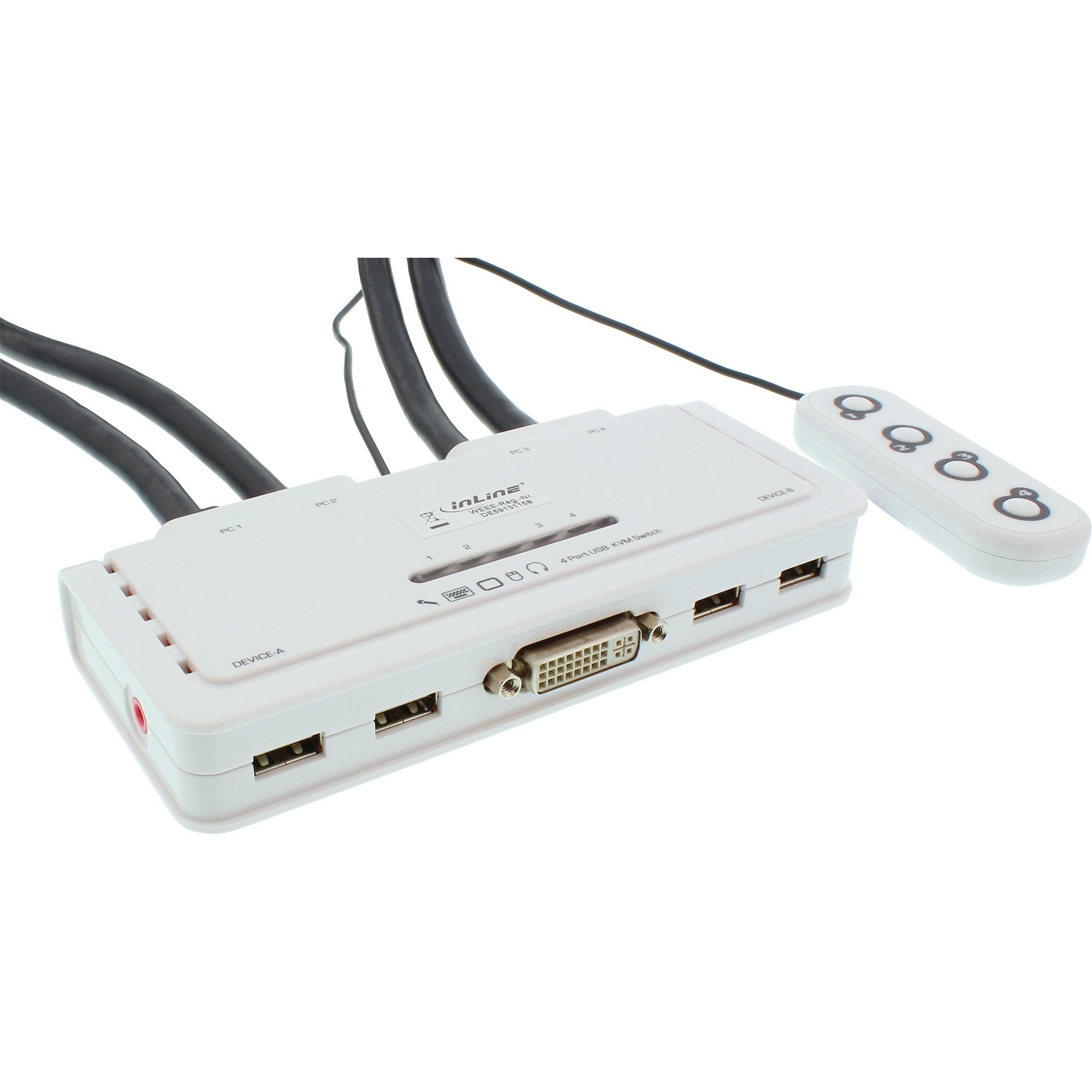 Switch Kvm Inline De 4 Puertos Dvi-D + Usb + Audio Incl. 2 Juegos De Cables