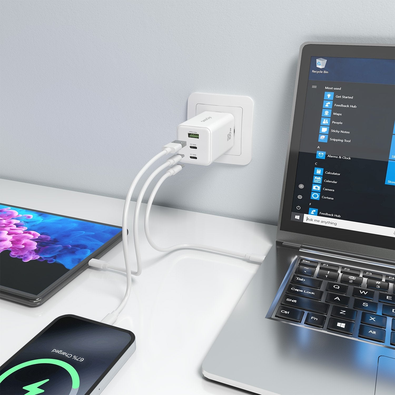 Aisens Cargador Gan 100w, 2xusb-C Pd3.0 Qc4.0 Qc5.0, 1xusb-A Qc3.0, Blanco