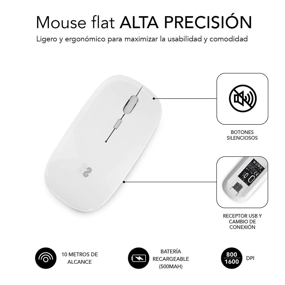 Ratón Inalámbrico Por Bluetooth Subblim Dual Flat Batería Recargable  Hasta 1600 Dpi  Blanco