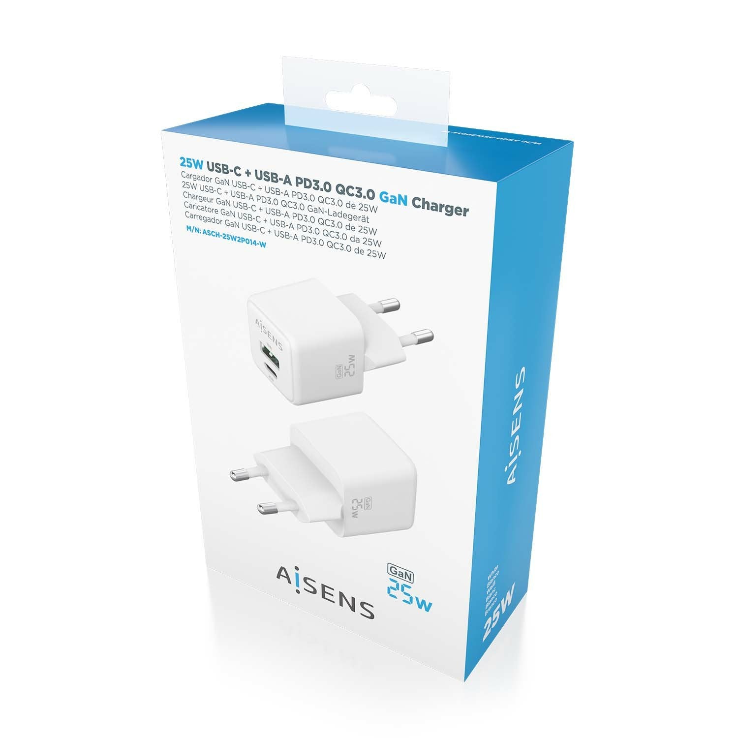Aisens Cargador Gan 25w, 1xusb-C Pd3.0 Qc4.0, 1xusb-A Qc3.0, Blanco