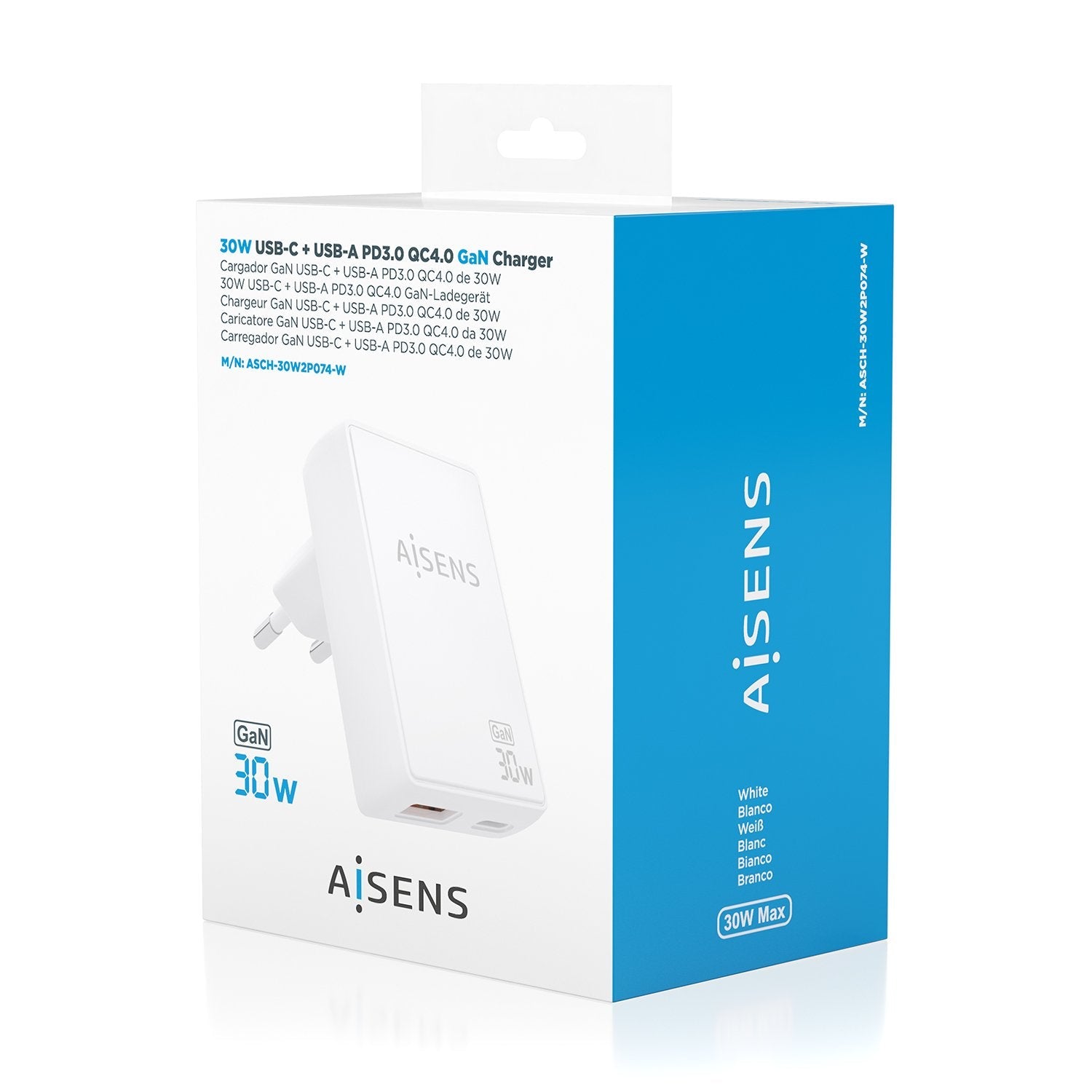 Aisens Cargador De Pared Gan Ultra Delgado 30w, 1xusb-C Pd3.0 Qc4.0, 1xusb-A Qc3.0, Blanco