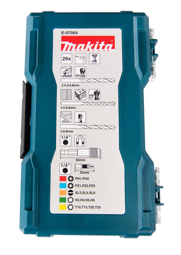Juego De Brocas Y Brocas Makita E-07054, Caja Plegable De 29 Piezas Con Tapa Transparente E-07054