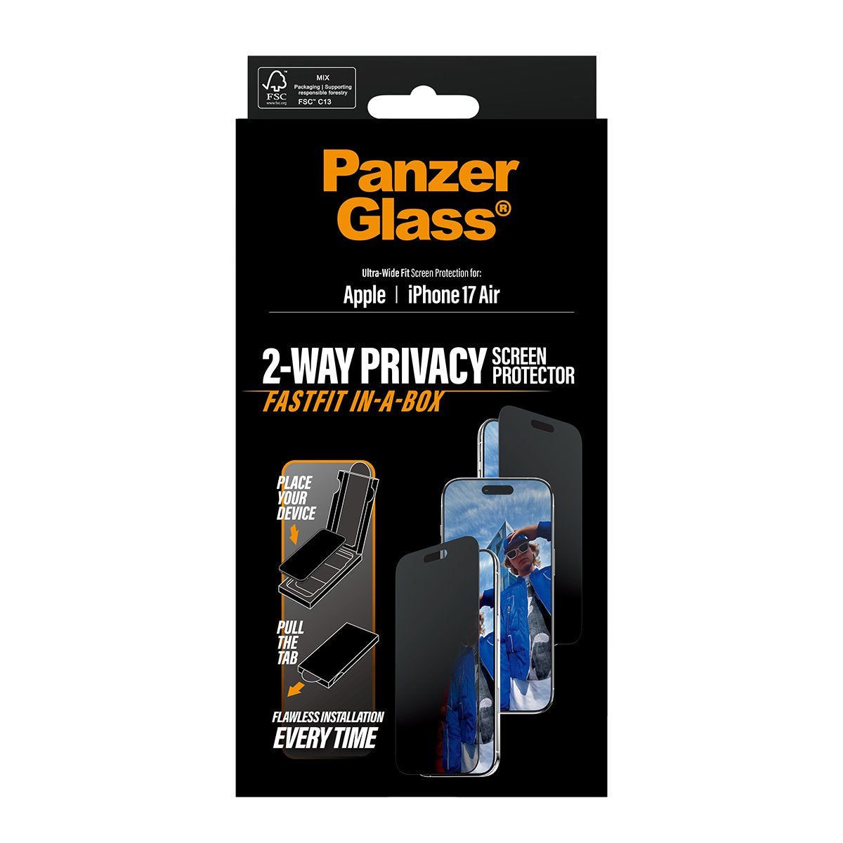 EAN 5715685030505 - PanzerGlass ® Privacy Screen Protector w. Black Frame iPhone 17 Air | Ultra-Wide Fit w. Fastfit in-a-box  imagen 3
