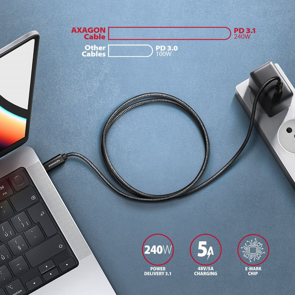 Cable Axagon Hcm2-Cm10ab Lade  Usb-C Zu Usb-C 2.0, 1 M, Pd 240 W 5 A, Alu - Negro