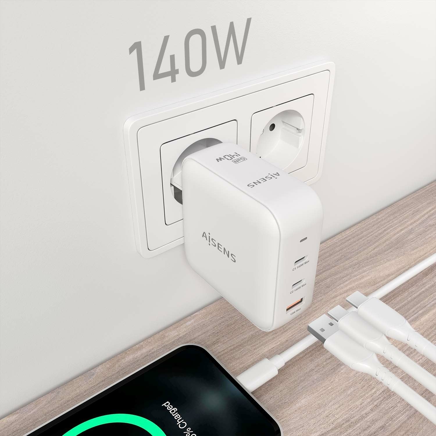 Aisens Cargador Gan 140w, 2xusb-C Pd3.1 Qc4.0, 1xusb-A Qc3.0, Blanco