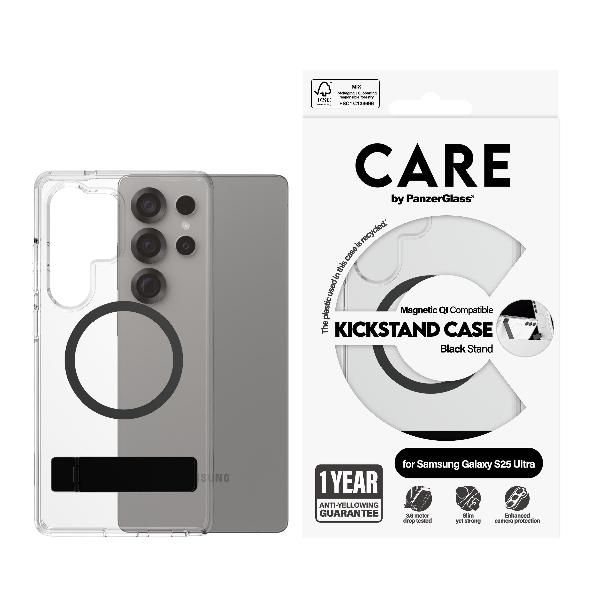 EAN 5715685016509 - PanzerGlass CARE™ by ® Case Transparent w. Black Kickstand & Qi Compatible Samsung Galaxy S25 Ultra funda imagen 2