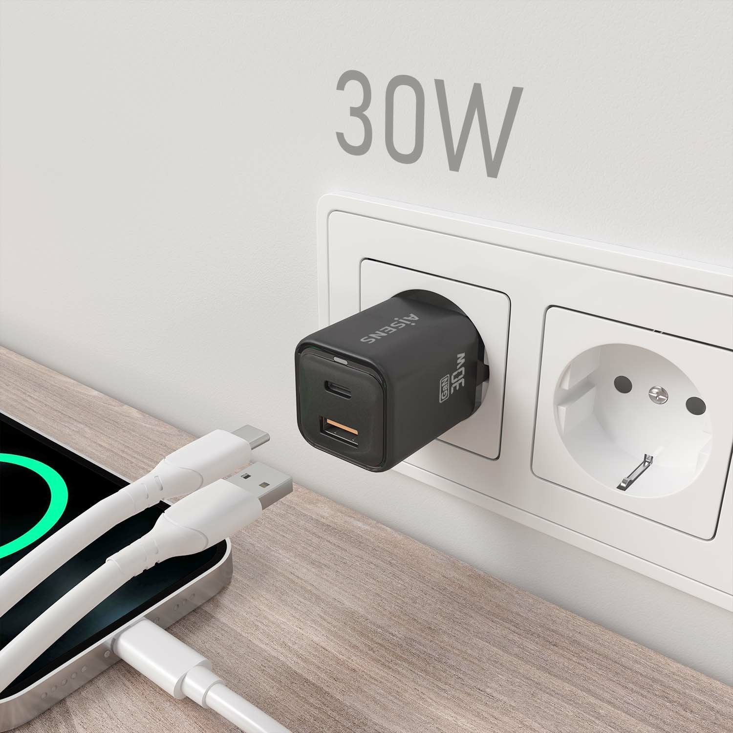 Aisens Cargador Gan 30w, 1xusb-C Pd3.0 Qc4.0, 1xusb-A Qc3.0, Negro