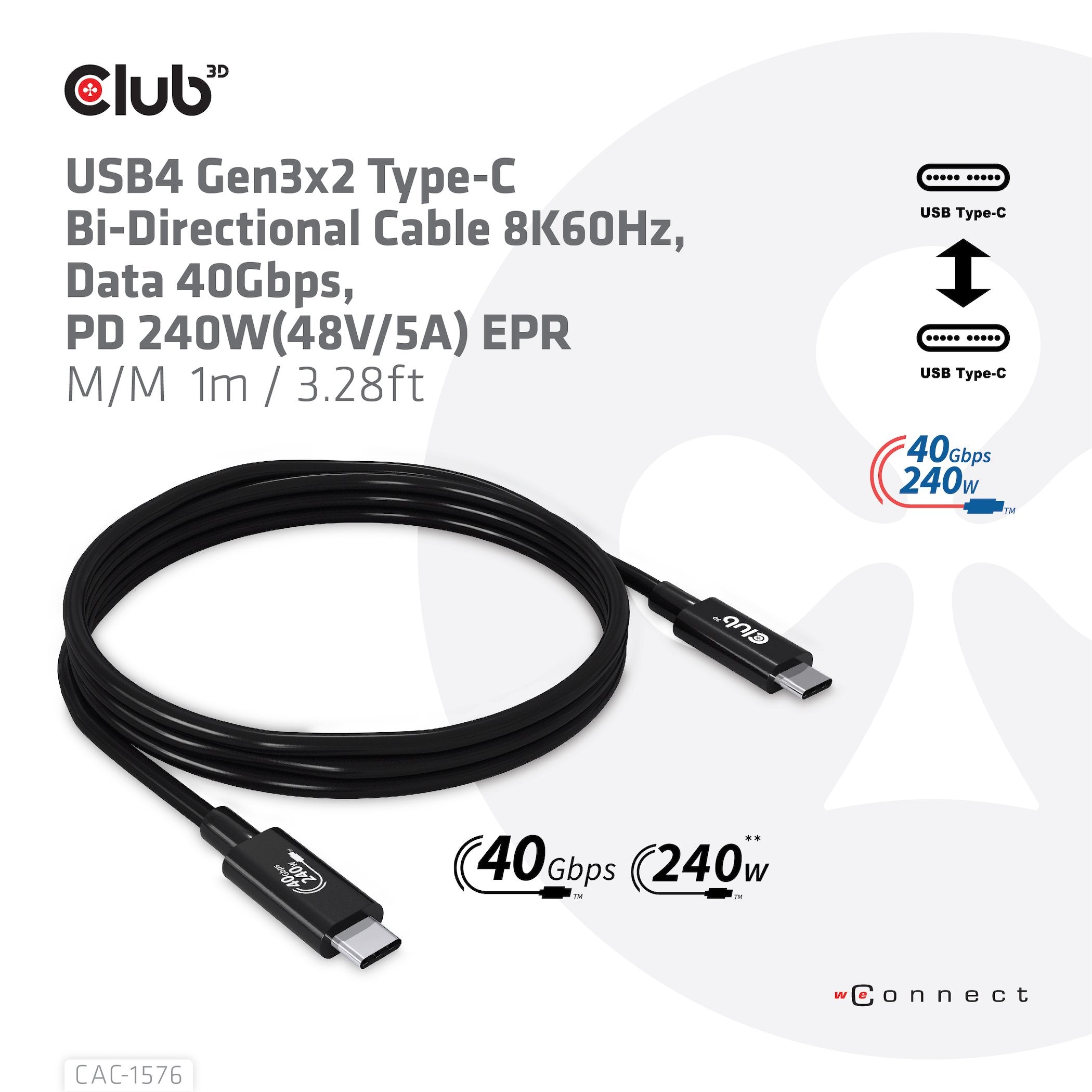 Club3d Cable Usb Tipo C  Pd 240w / 8k / 40gbps 1m M/M Retail