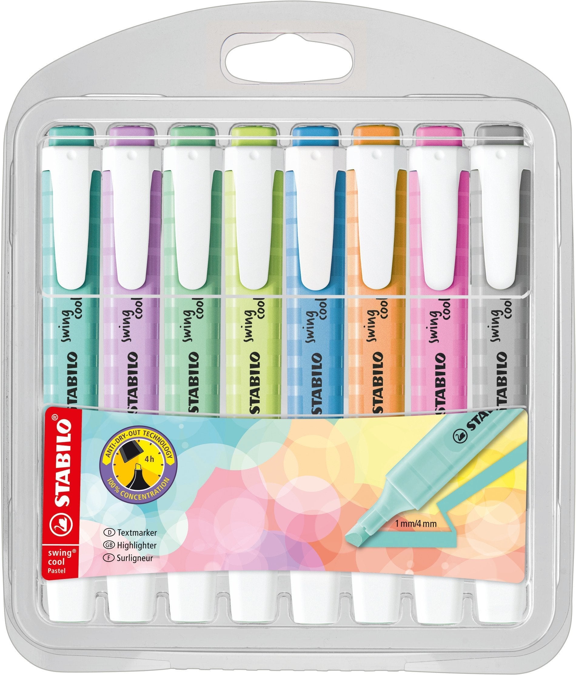 Stabilo Swing Cool Pastel Pack De 4 Marcadores Fluorescentes - Cuerpo Plano - Punta Biselada - Trazo Entre 1 Y 4mm - Tinta Con Base De Agua - Antisecado - Colores Surtidos