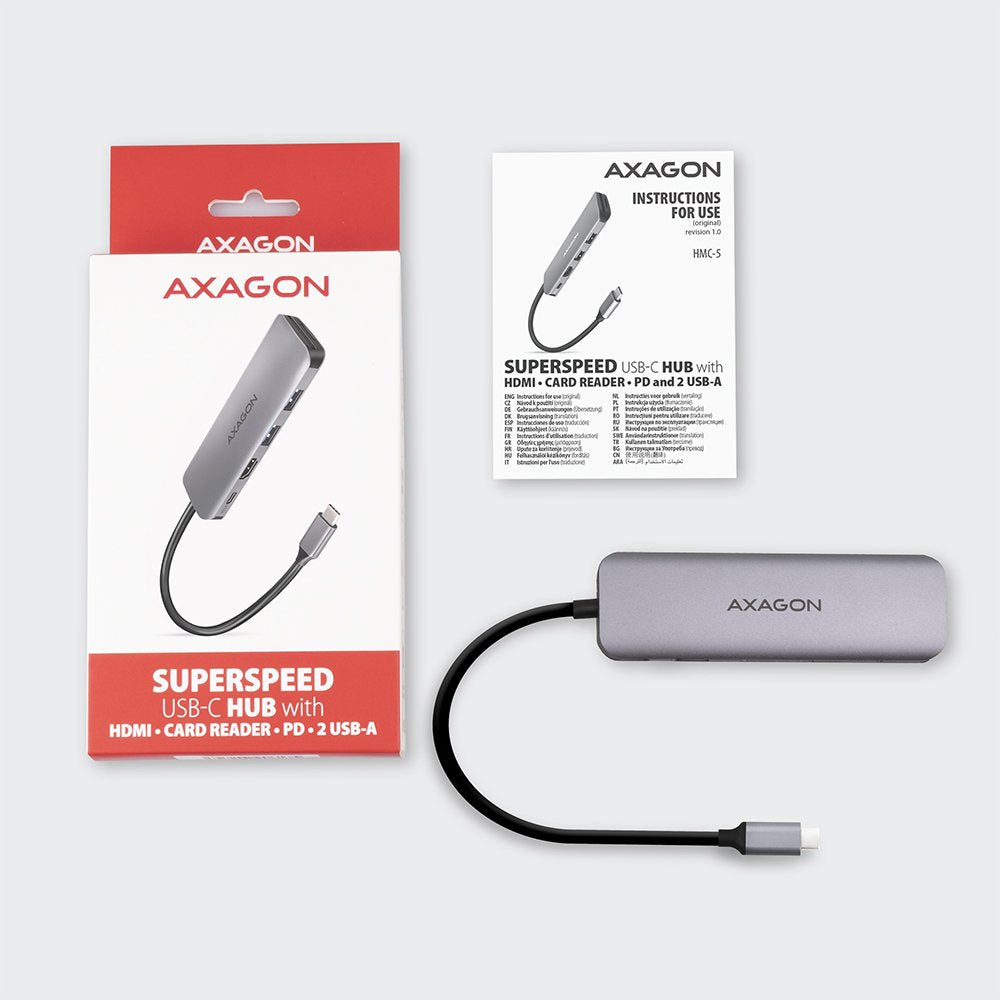 Axagon Hmc-5 Usb-C-Hub, 2x Usb-A, Hdmi, 2x Usb-C 3.2 Gen 1, 1x Sd, 1x Microsd, Plata