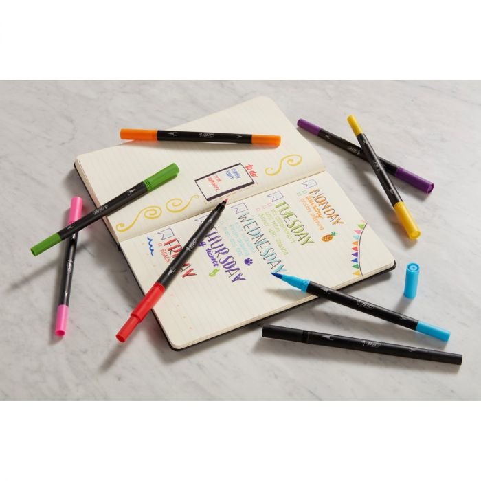 Bic Intensity Dual Tip Pack De 6 Rotuladores Doble Punta - Punta De Pincel + Punta Fina - Tinta Con Base De Agua - Colores Clasicos Surtidos
