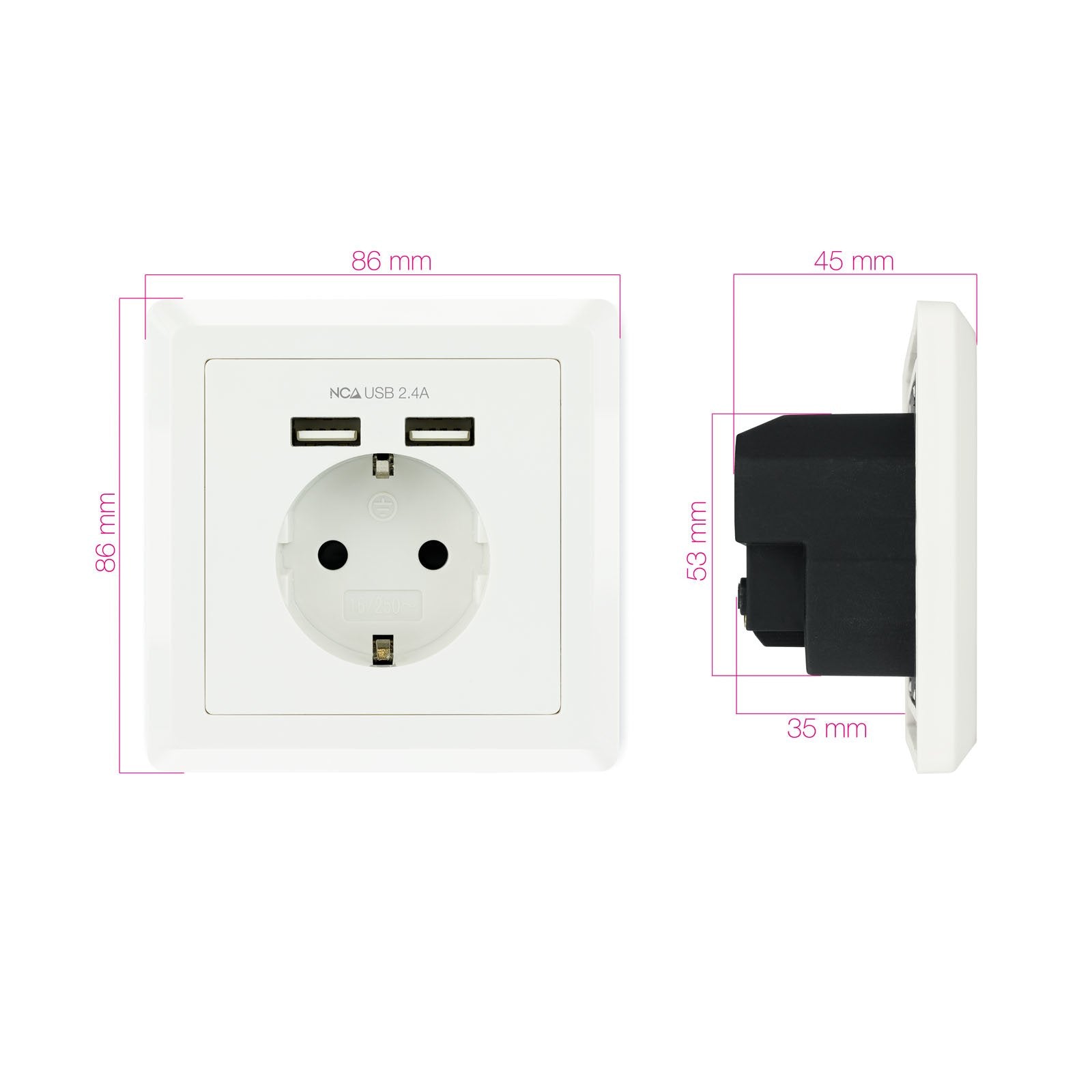 Nanocable Roseta Base De Enchufe De Pared Empotrable Tipo Schuko Con 2 Tomas Usb 2.4a - Blanco