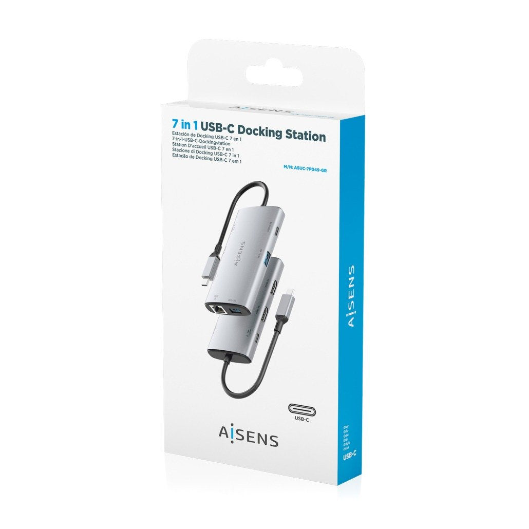 Aisens Usb-C Dock 7 En 1, Usb-C A 2xhdmi 4k, 1xrj45, 2xusb-A Usb3.0, 1xusb-C, 1xusb-C Pd100w, Gris, 20cm