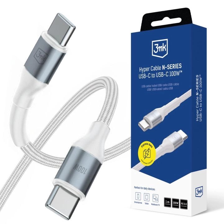 Cable 3mk Hyper N-Series C To C 1m Pd 3.0 Qc 3.0 20v 5a 100w White