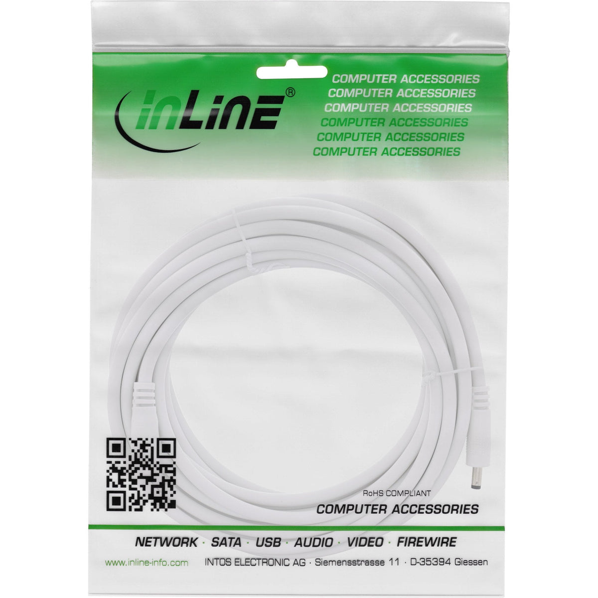 Cable De Extensión De Cc Inline, Enchufe De Cc Macho/Hembra 5,5x2,1 Mm, Awg 18, Blanco, 5 M