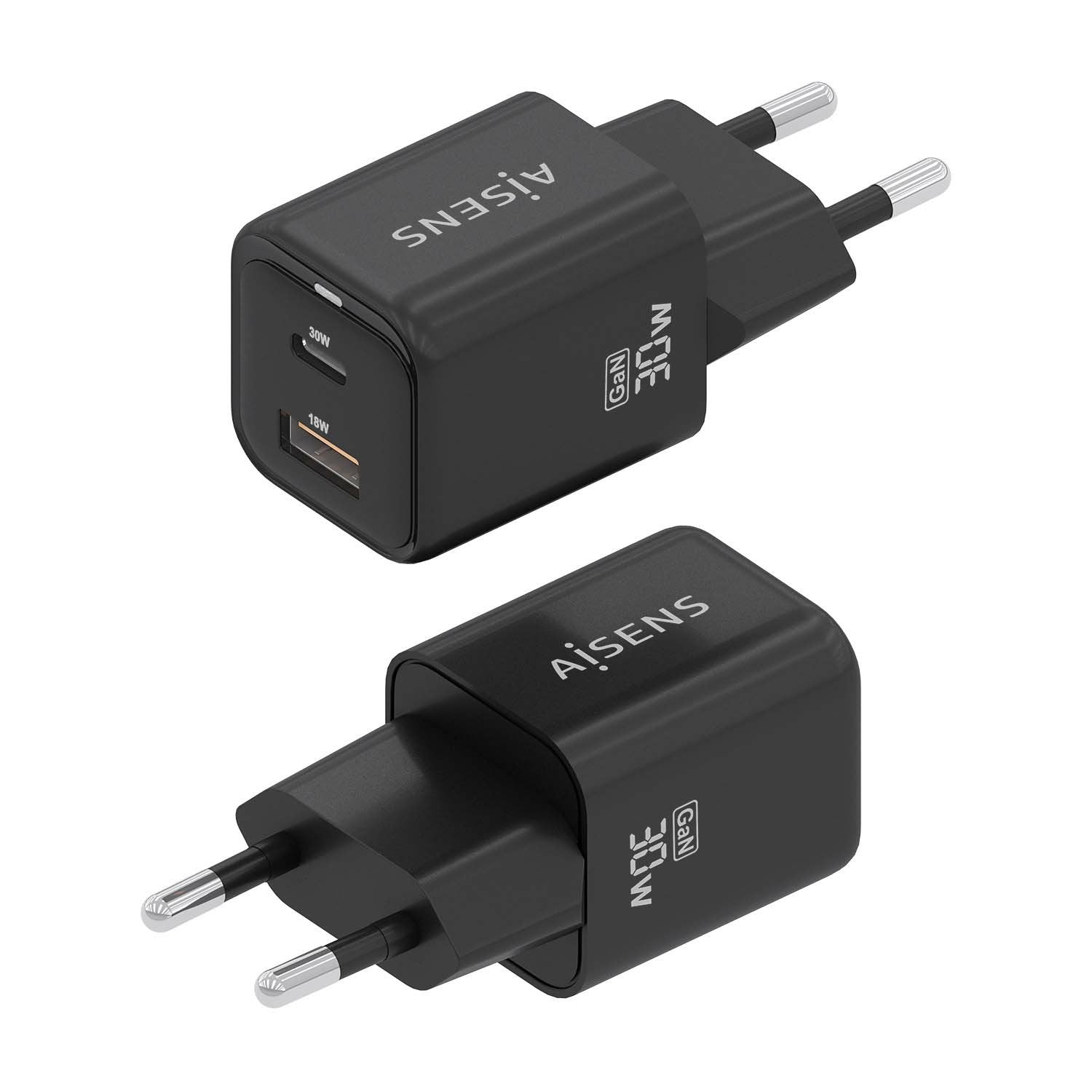 Aisens Cargador Gan 30w, 1xusb-C Pd3.0 Qc4.0, 1xusb-A Qc3.0, Negro