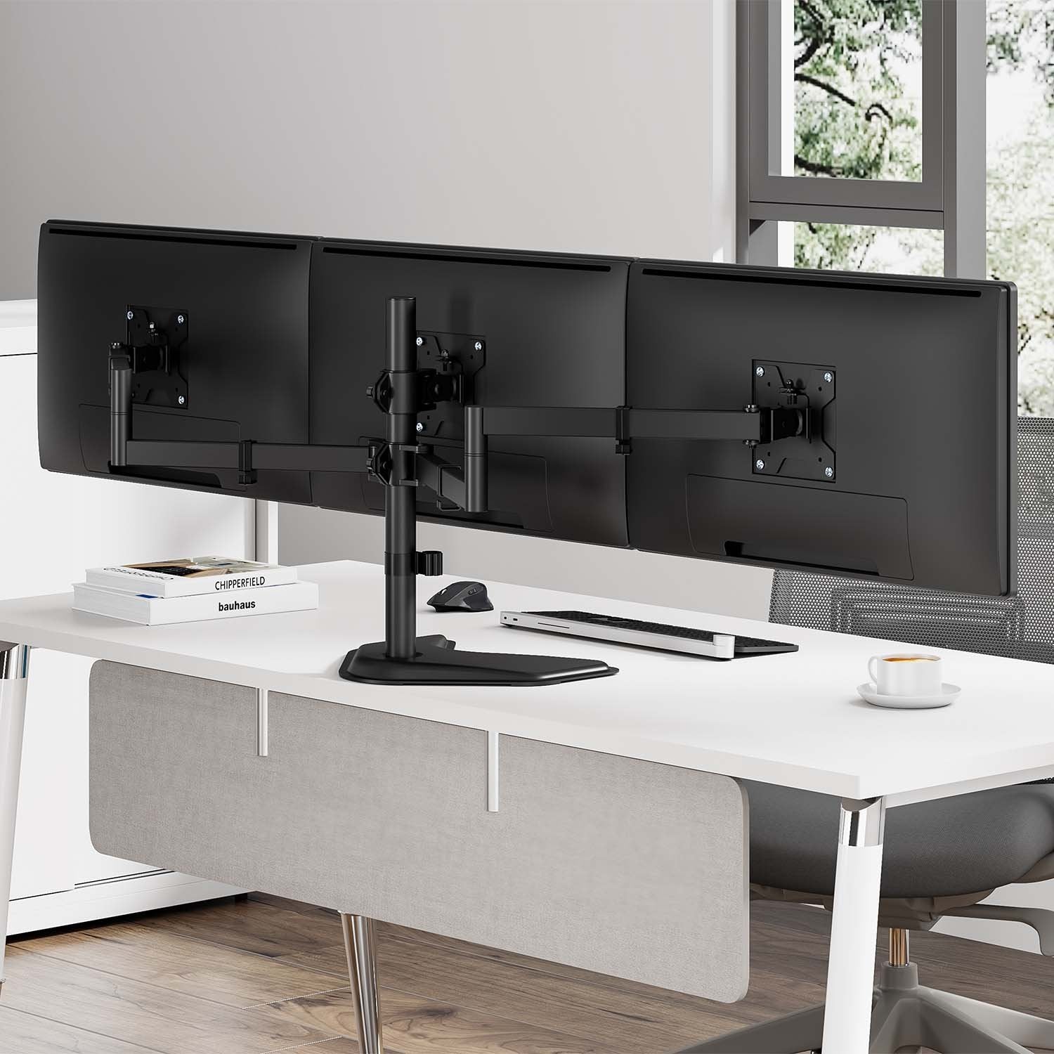 Aisens Soporte De Mesa Con Peana Eco Giratorio E Inclinable Para 3 Monitores 10kg (3 Pivotes, 2 Brazos) De 13-27, Negro