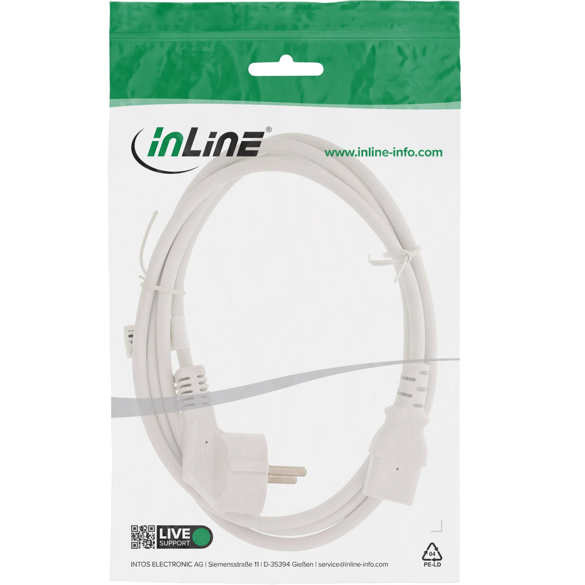 Cable De Alimentación Inline Tipo F A 3 Pines Iec Hembra Blanco 5m