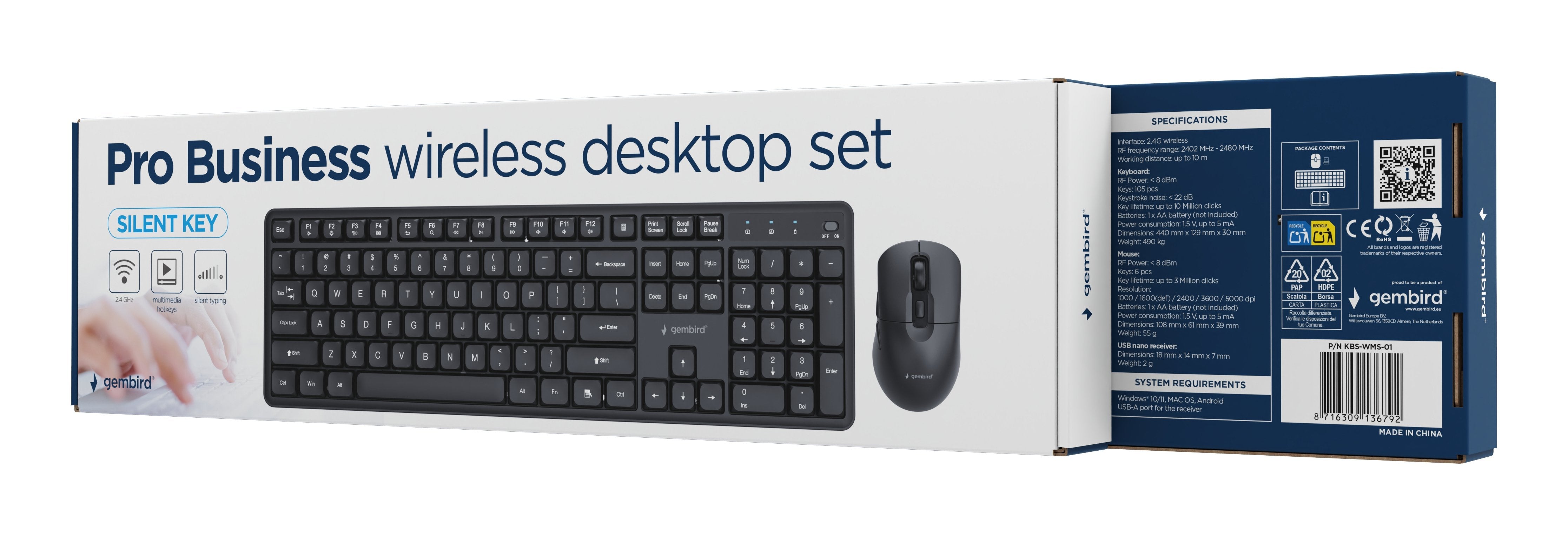 Gembird Silent Key Pro Business Wireless Desktop Set Negro Us Layout