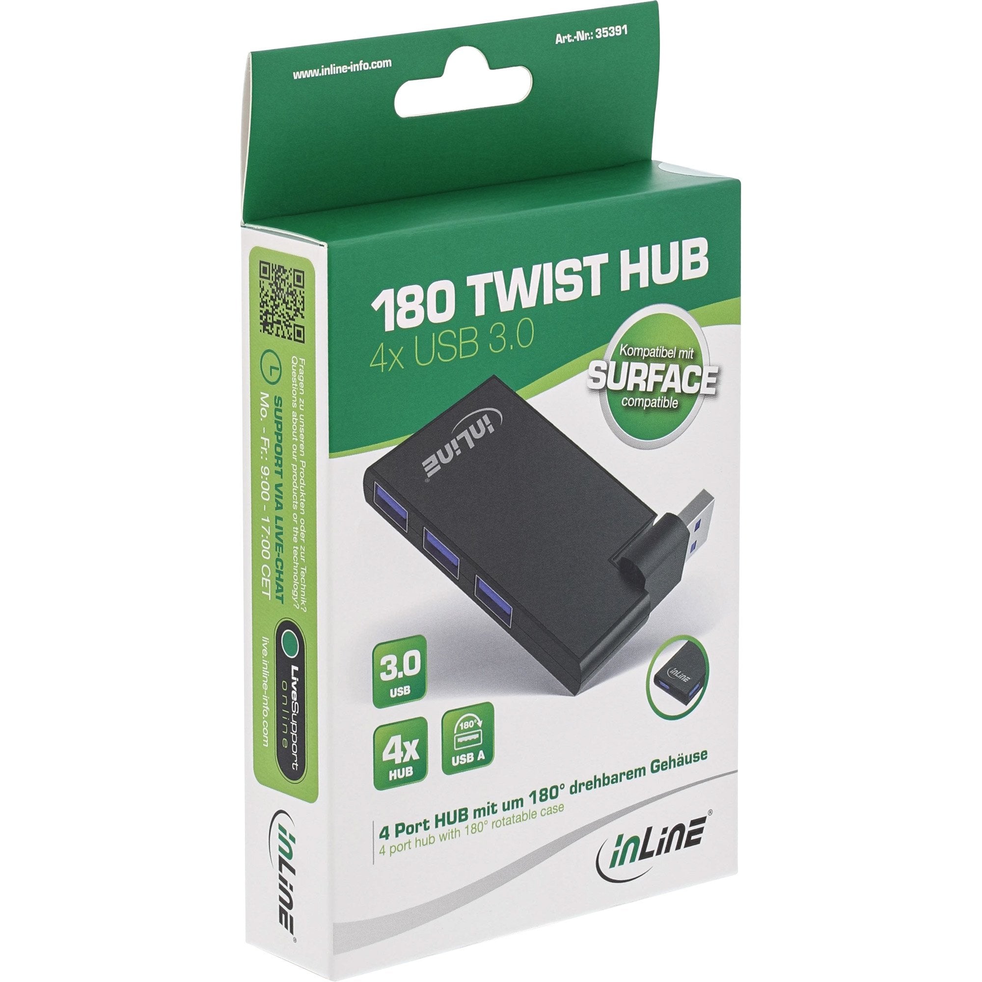 Hub Giratorio Inline Usb 3.0, 4 Puertos, Negro