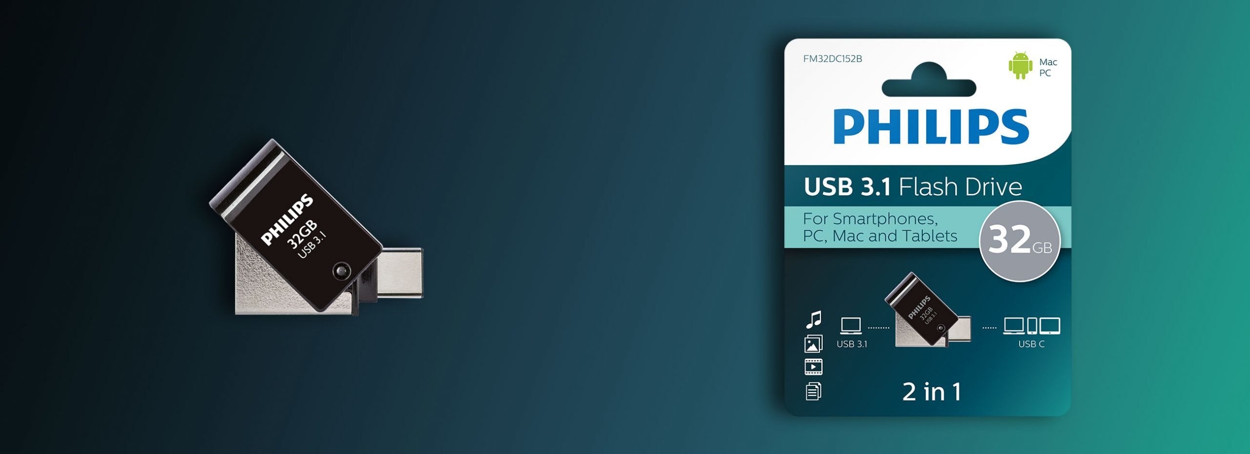 Pendrive Philips 2 In 1 Black  32gb Otg Usb C + Usb 3.1