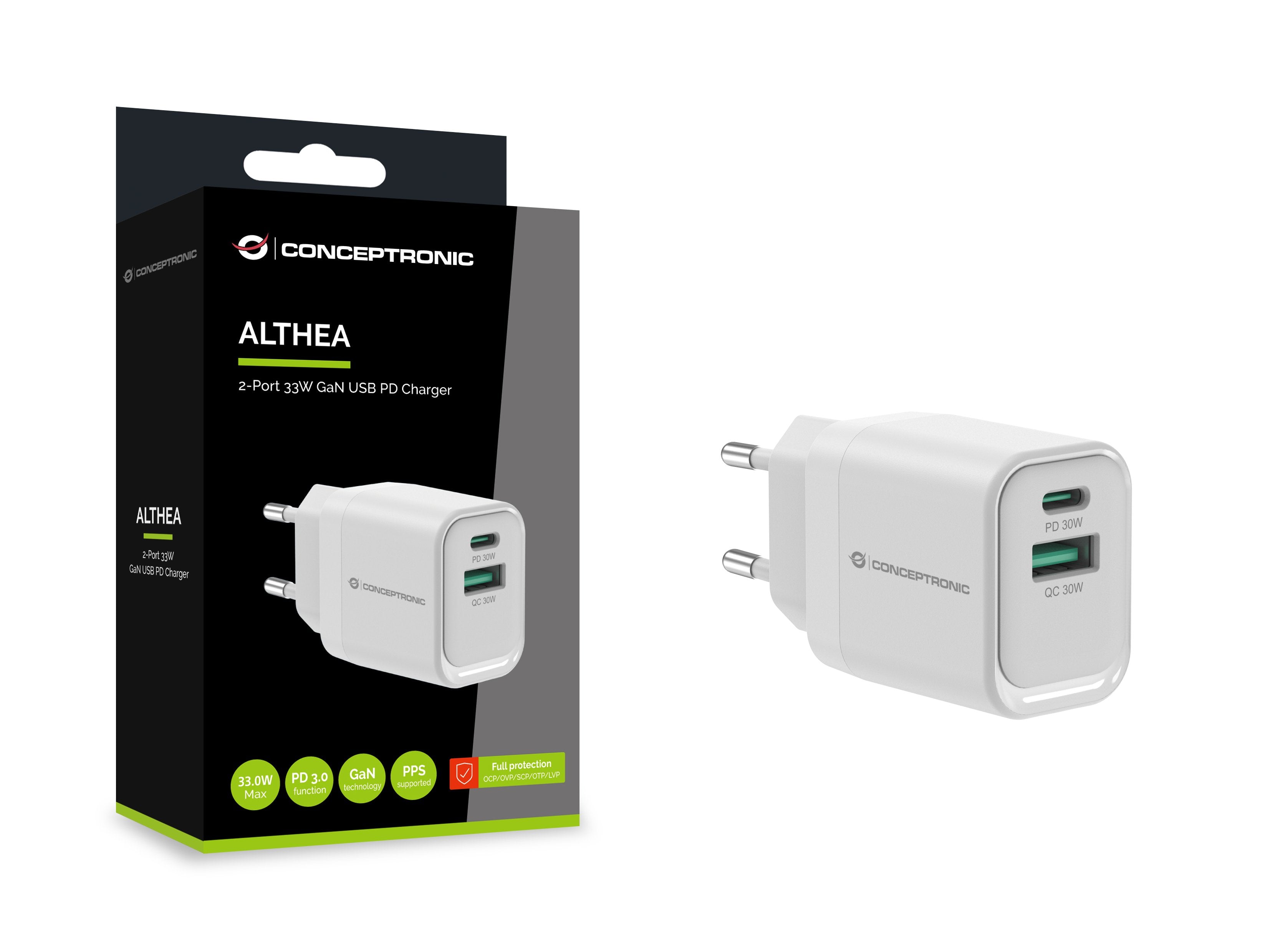 Cargador De Pared Quick Charge 3.0 Pd  Pps 1puerto Usb-C 1 Puerto Usb-A Conceptronic Althea 33w