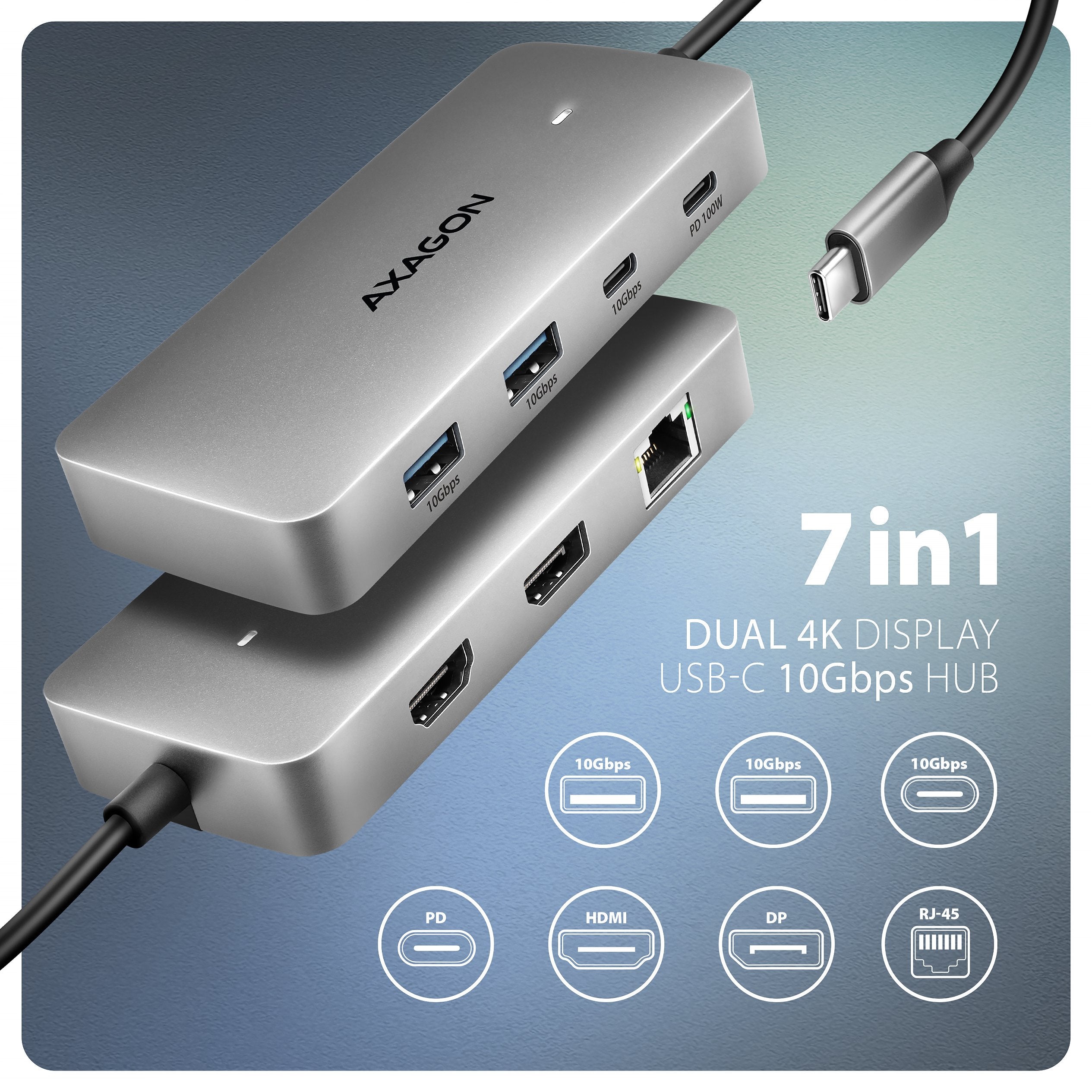 Axagon Hub Usb Hmc-Cub83x2, Usb 10gbps Hub, 2x Usb-A, Usb-C, Hdmi & Dp 4k/144hz, Rj-45 Glan, Pd 100w, Kabel Usb-C 15cm Alámbrico Usb 3.2 Gen 2 (3.1 Gen 2) Type-C Gris