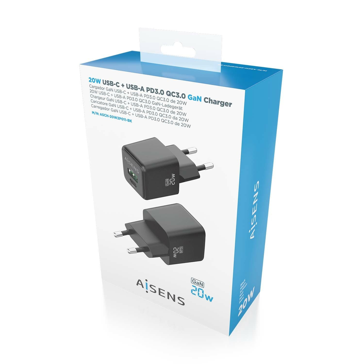Aisens Cargador Gan 20w - 1xusb-C Pd3.0 Qc4.0 - 1xusb-A Qc3.0 - Negro