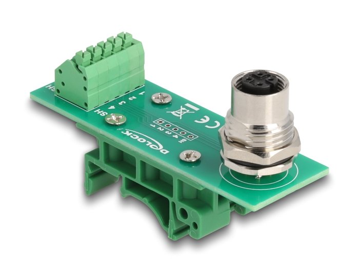 Delock 60658 Adaptador De Módulo De Transferencia M12 Hembra Con Codificación A De 4 Pines A Bloque De Terminales De 5 Pines Para Carril Din