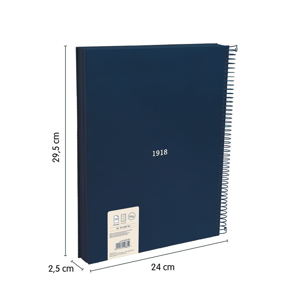 Milan 430 Since 1918 Cuaderno A4 Con Espiral - Cuadricula 5x5mm - 120 Hojas De 95g - Tapa Dura - Azul