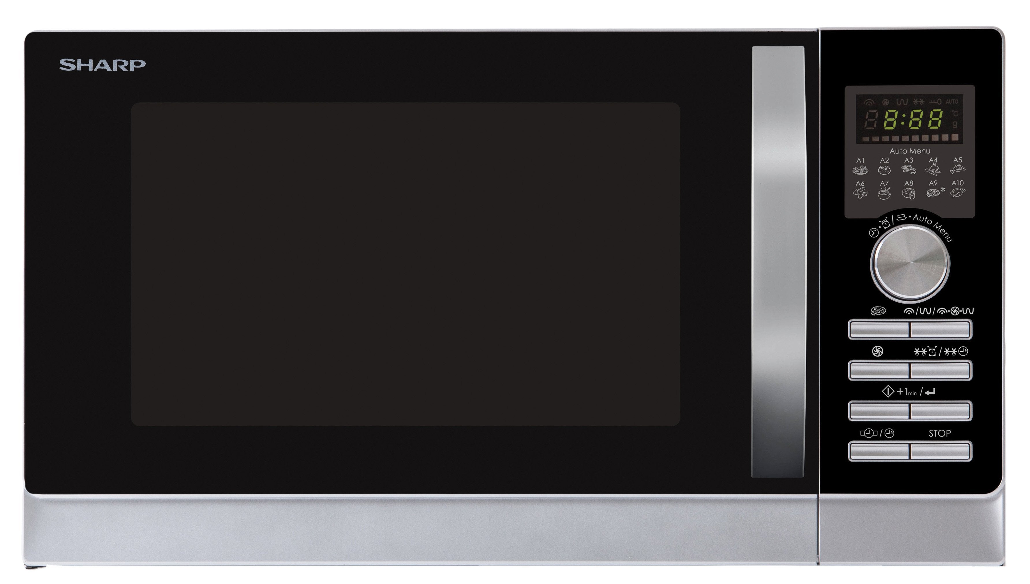 Microondas Con Grill 3 En 1 Sharp R843inw 900w (1200/1100/500w Grill) Conveccion 2500w 25 Litros 10 Funciones Cocción Automática Acero Inox